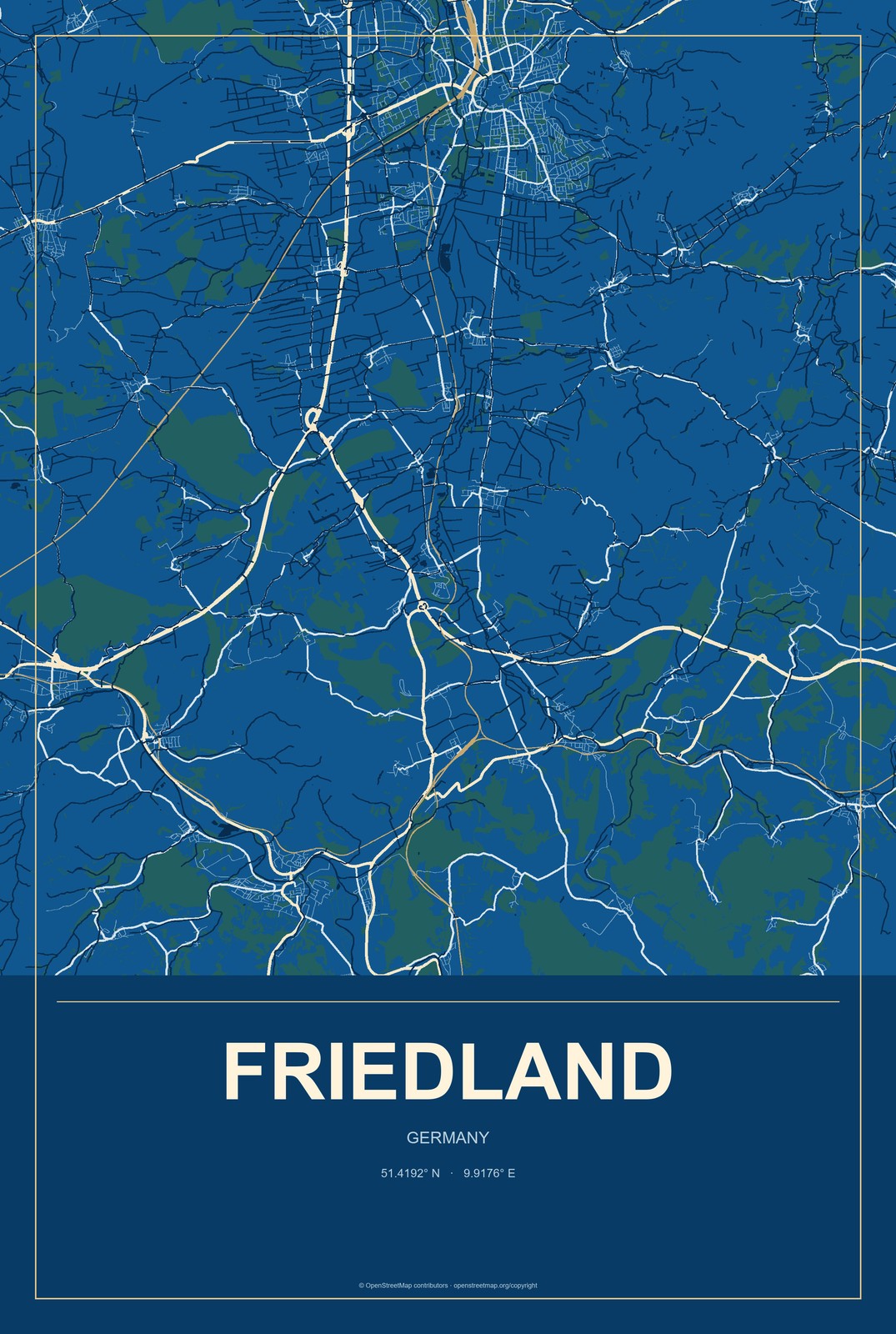 Friedland, Germany City Map Aluminum Sign in Harbor Cobalt style