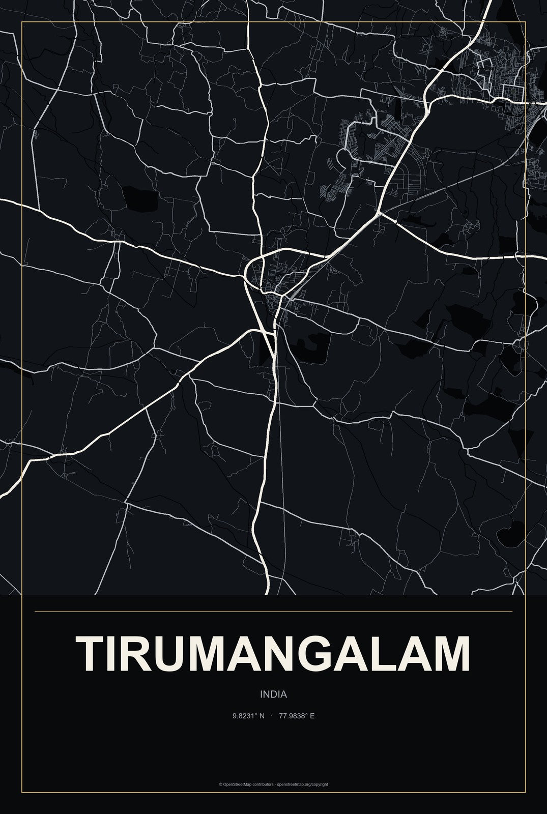 Tirumangalam, India City Map Aluminum Sign in Metropolitan Noir style