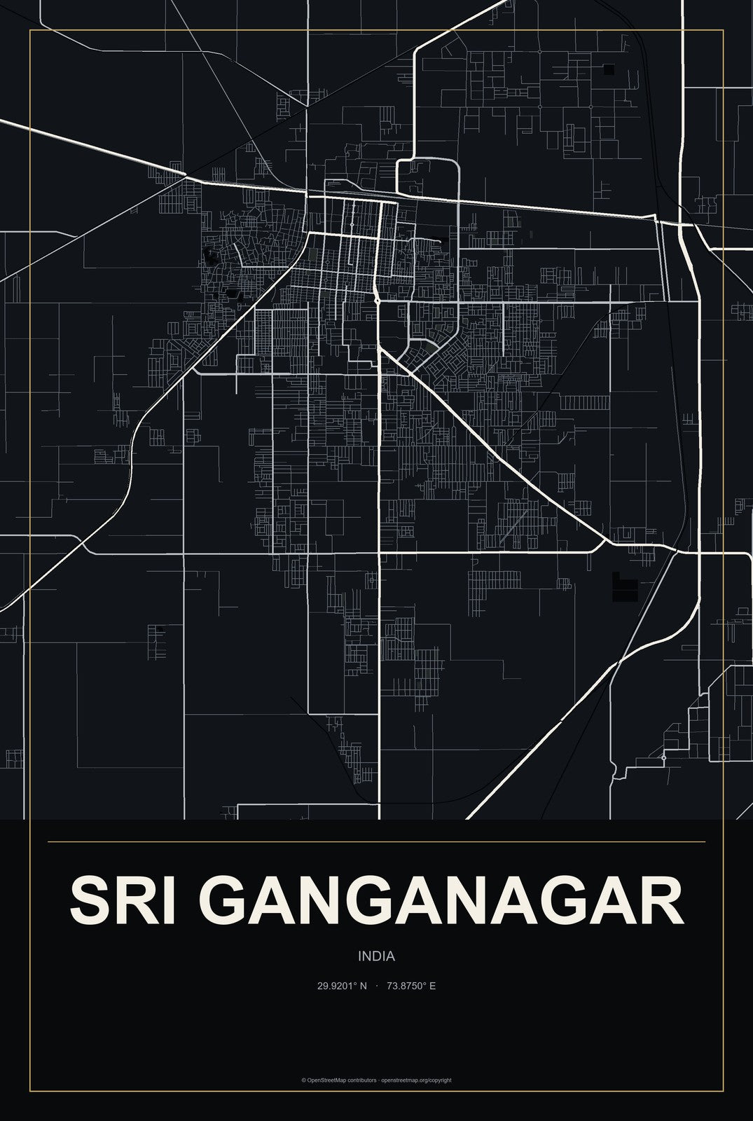 Sri Ganganagar, India City Map Aluminum Sign in Metropolitan Noir style