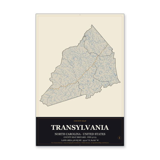 Transylvania County, North Carolina Map Aluminum Sign in Museum Plaque style
