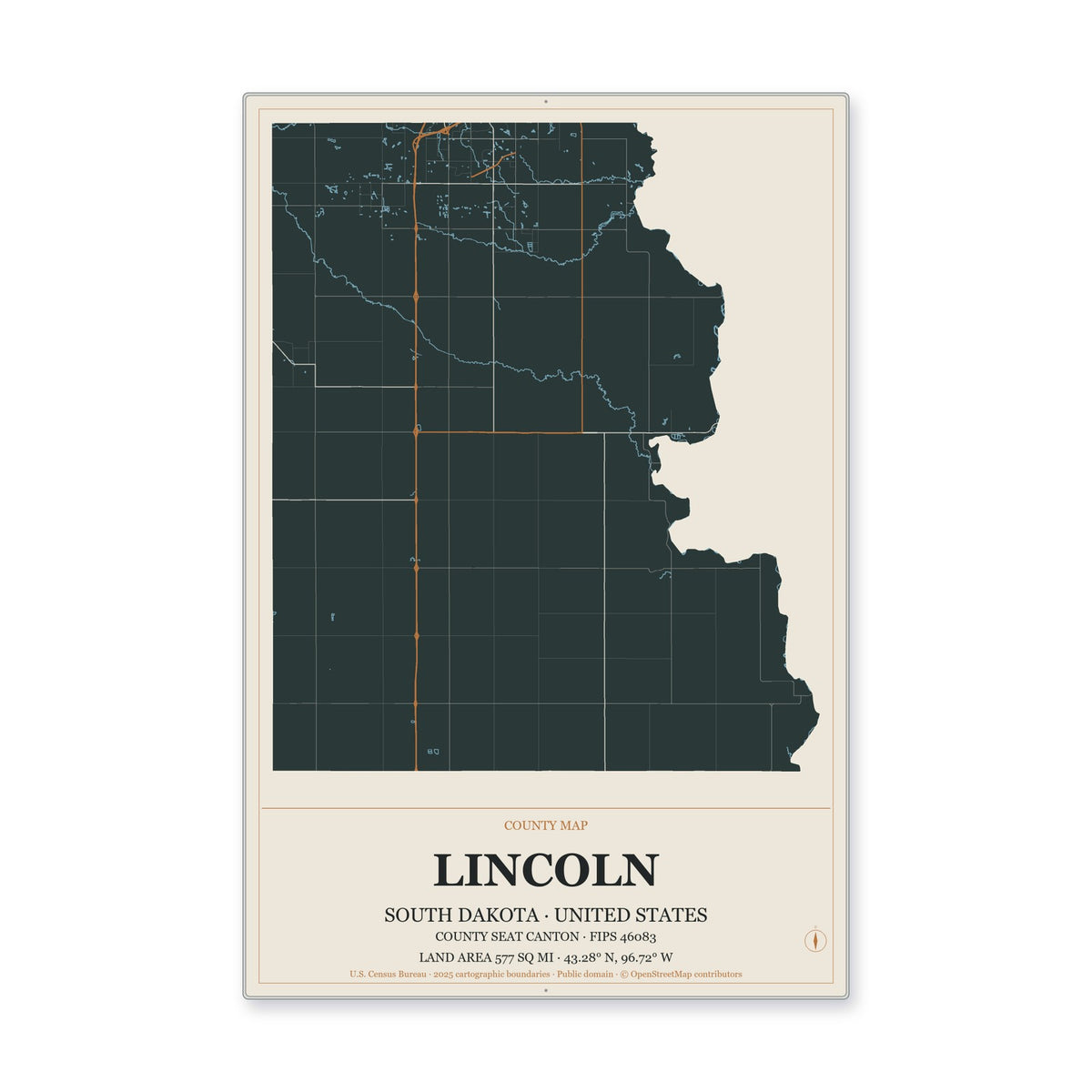 Lincoln County, South Dakota Map Aluminum Sign in Headline Atlas style