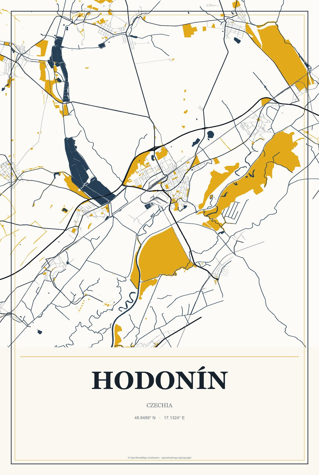 Hodonín, Czechia City Map Aluminum Sign in Citrine Modern style
