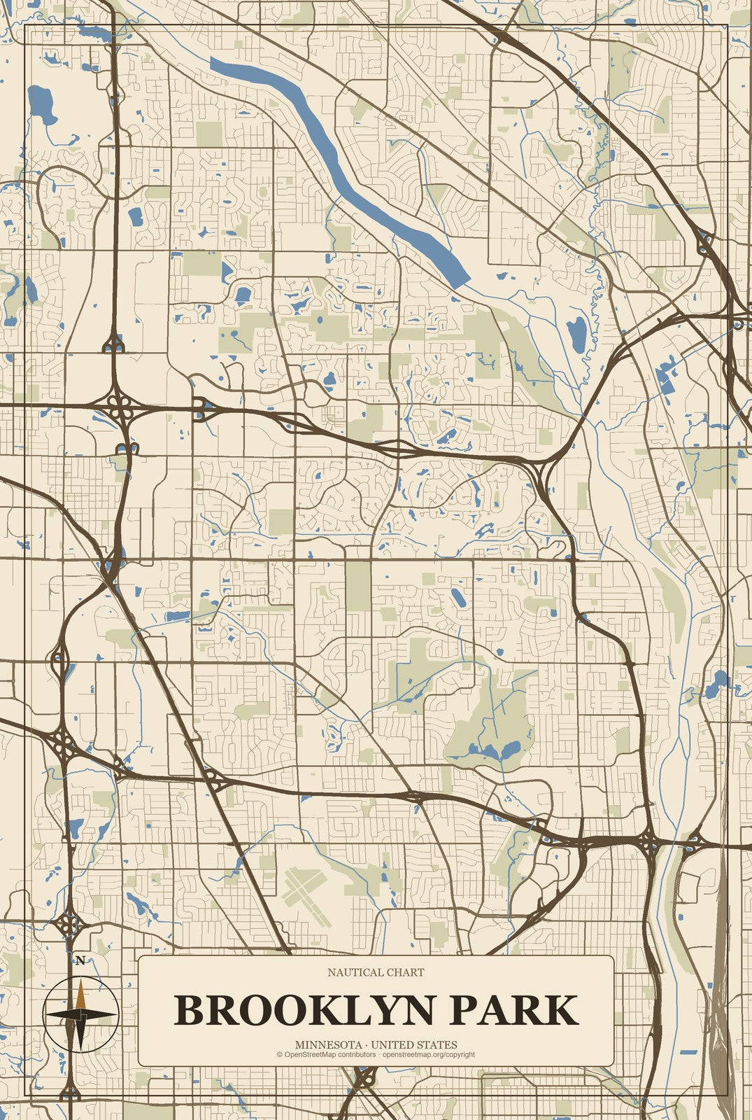Brooklyn Park, Minnesota City Map Aluminum Sign in Heritage Nautical style