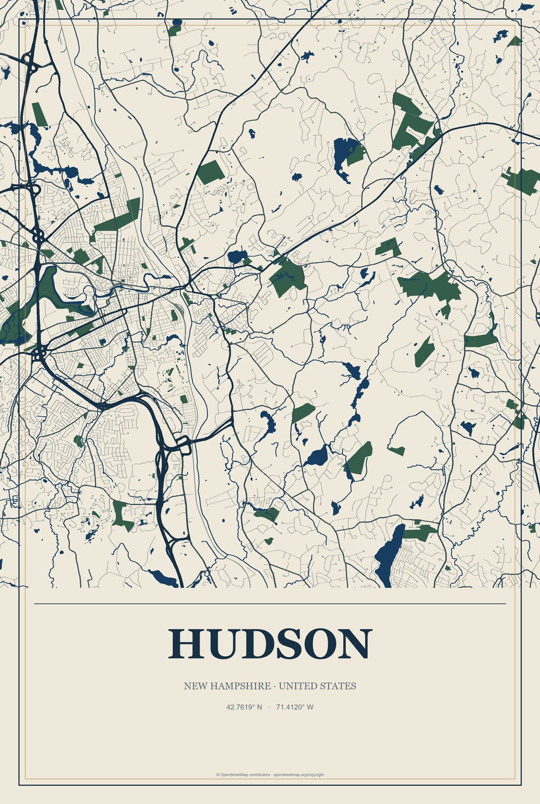 Hudson, New Hampshire City Map Aluminum Sign in Coastal Cutout style