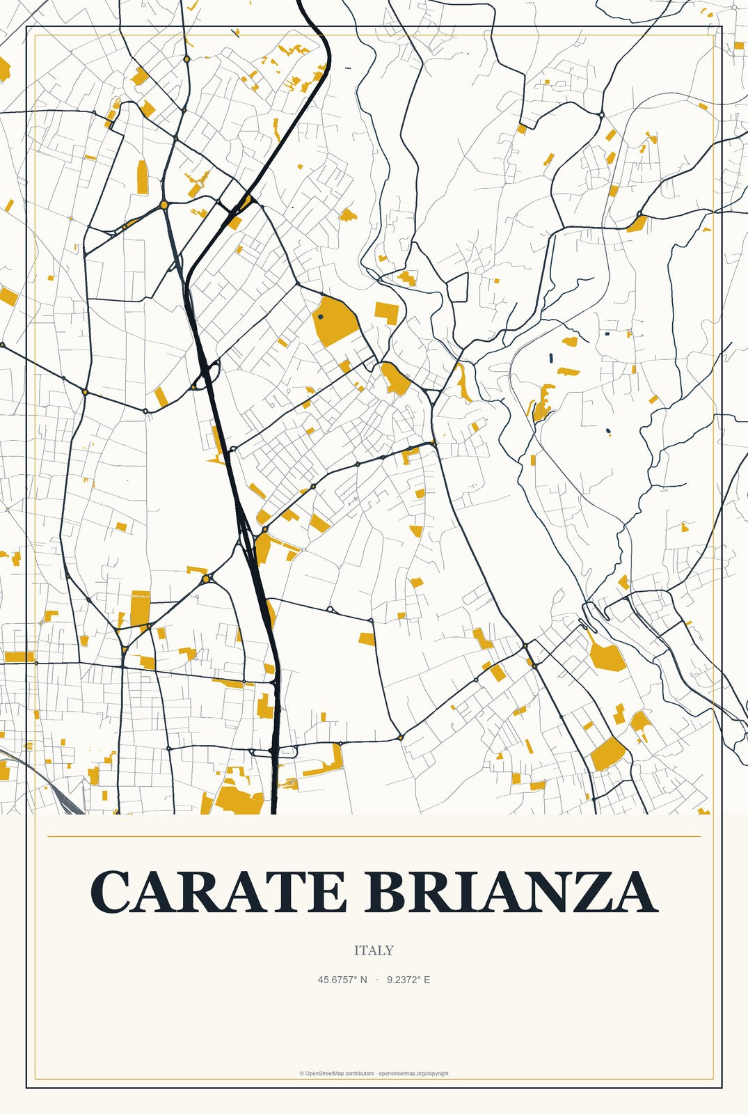 Carate Brianza, Italy City Map Aluminum Sign in Citrine Modern style