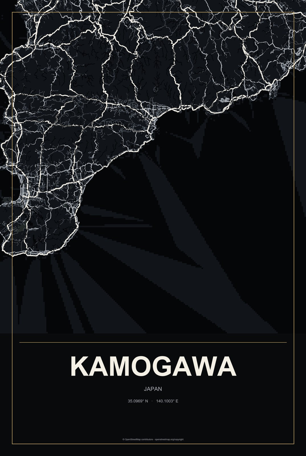 Kamogawa, Japan City Map Aluminum Sign in Metropolitan Noir style