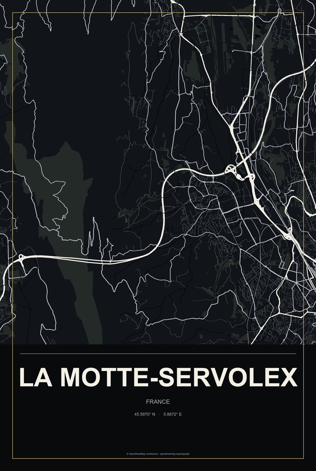 La Motte-Servolex, France City Map Aluminum Sign in Metropolitan Noir style