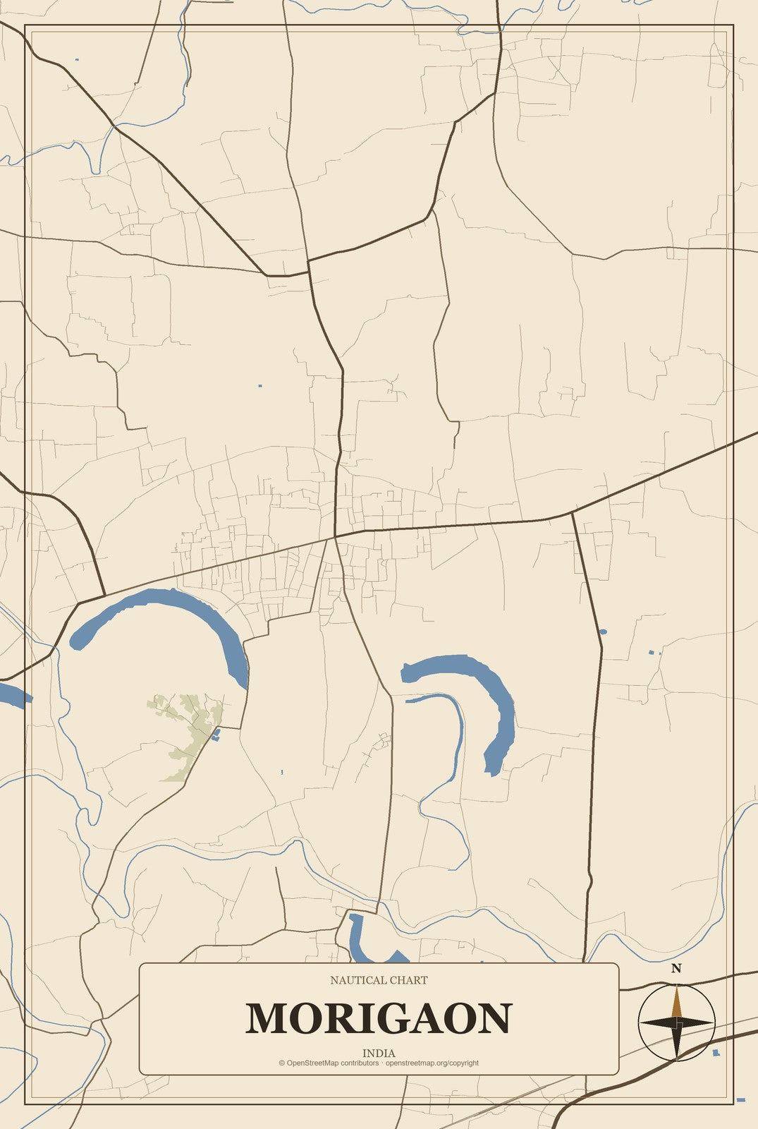 Morigaon, India City Map Aluminum Sign in Heritage Nautical style