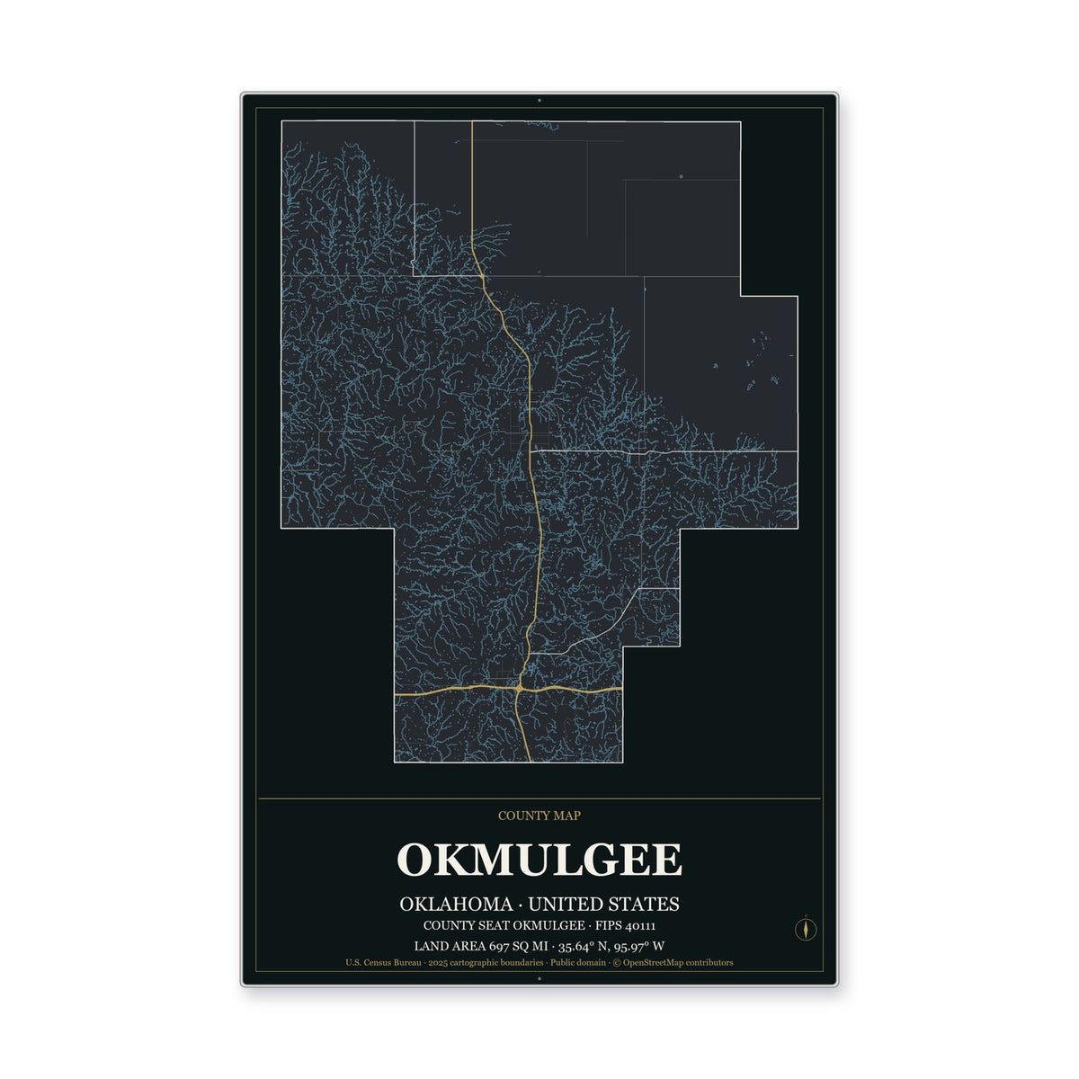 Okmulgee County, Oklahoma Map Aluminum Sign in Metropolitan Noir style