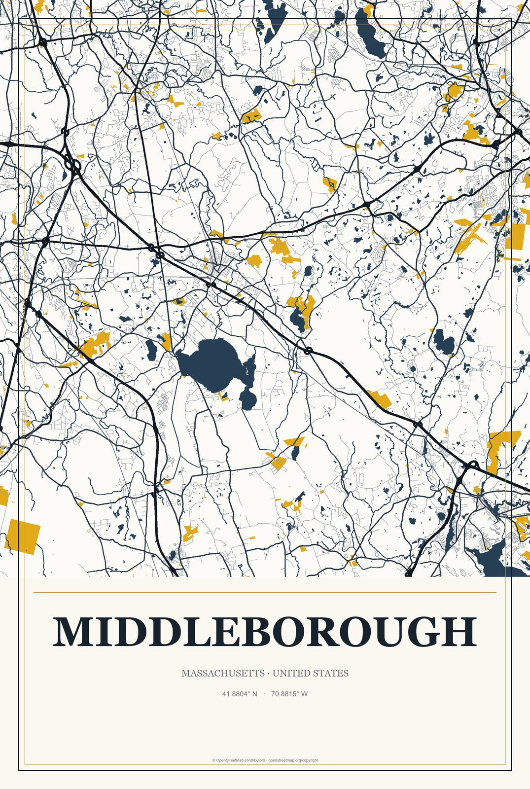 Middleborough, Massachusetts City Map Aluminum Sign in Citrine Modern style