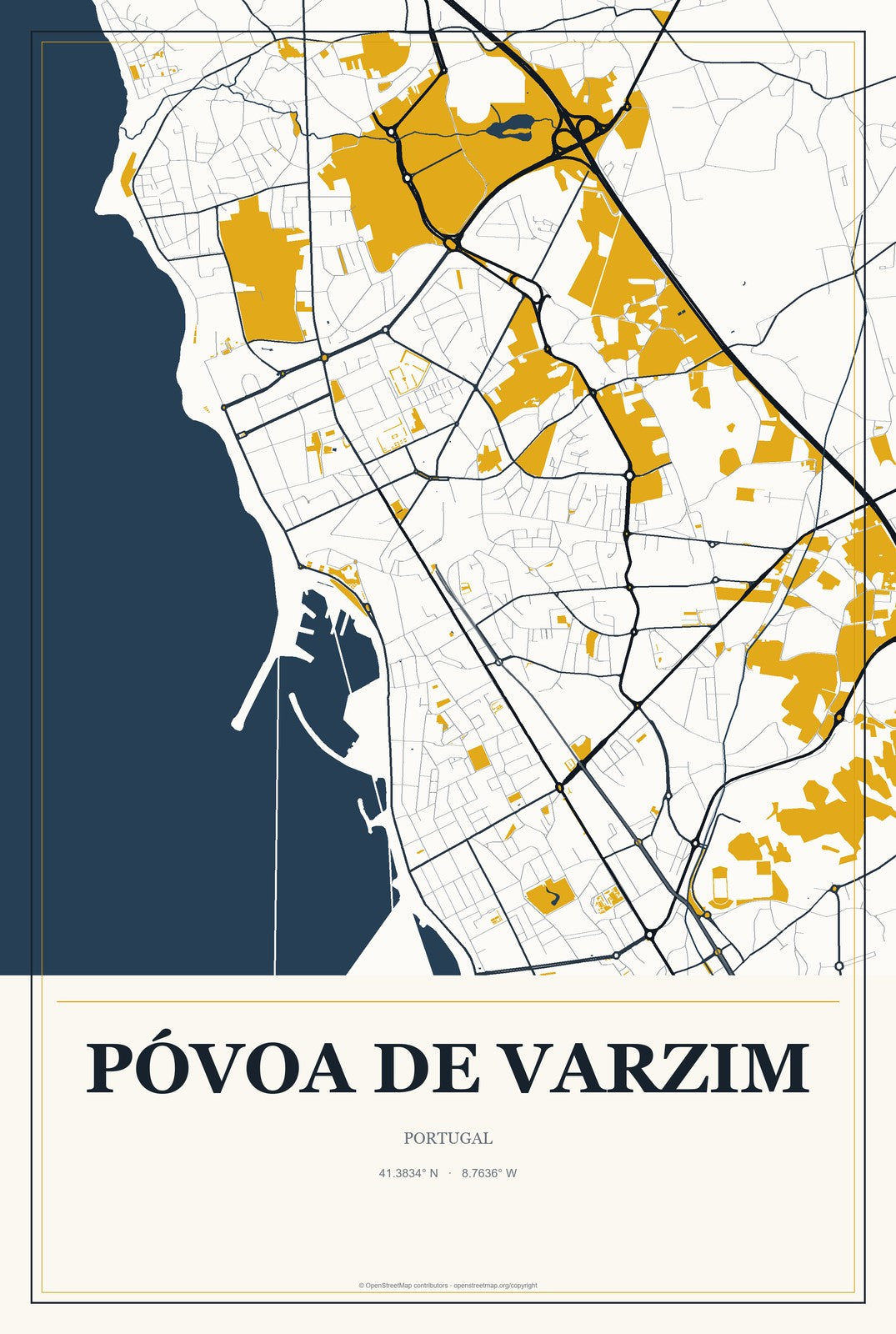 Póvoa de Varzim, Portugal City Map Aluminum Sign in Citrine Modern style