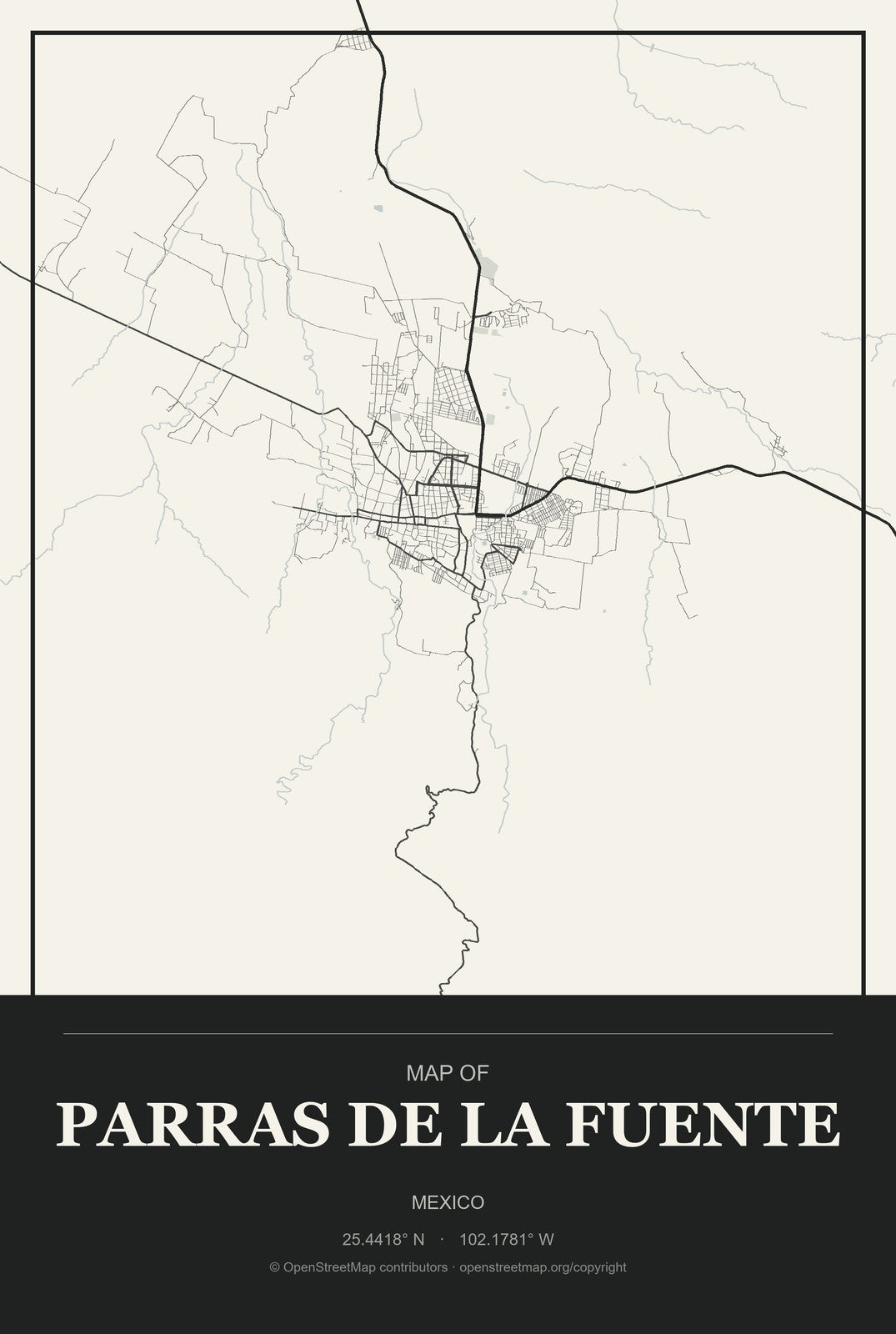 Parras de la Fuente, Mexico City Map Aluminum Sign in Museum Plaque style