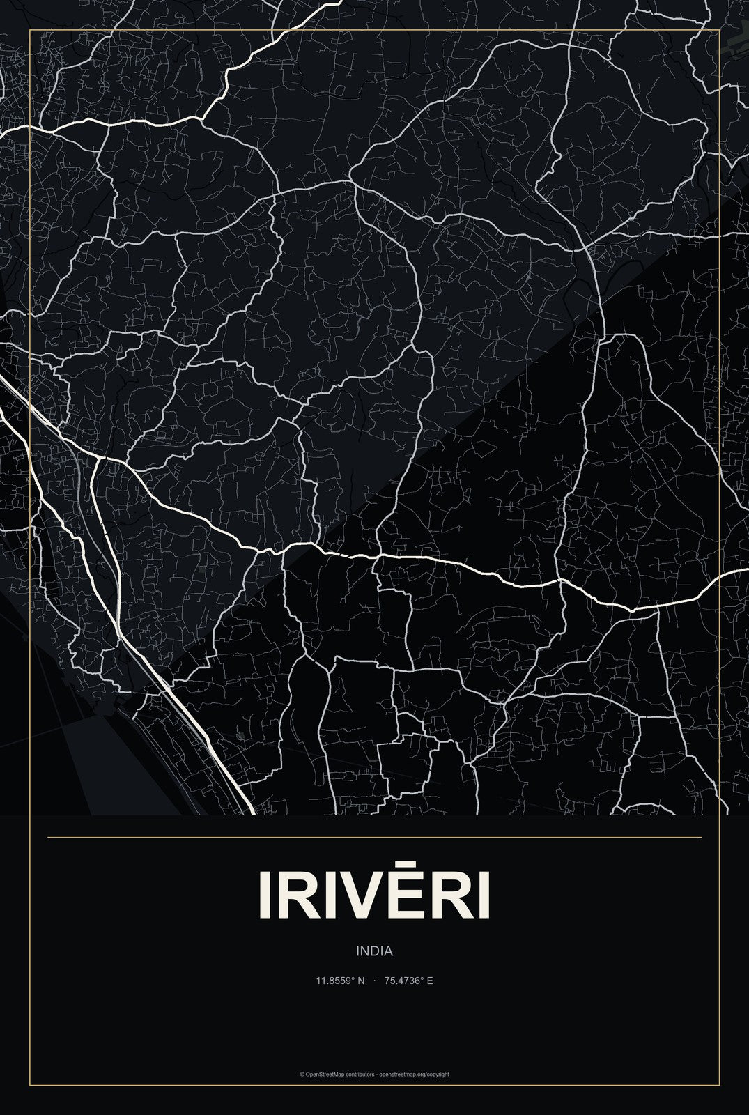 Irivēri, India City Map Aluminum Sign in Metropolitan Noir style