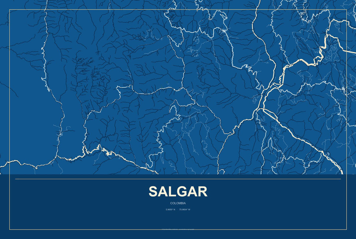 Salgar, Colombia City Map Aluminum Sign in Harbor Cobalt style