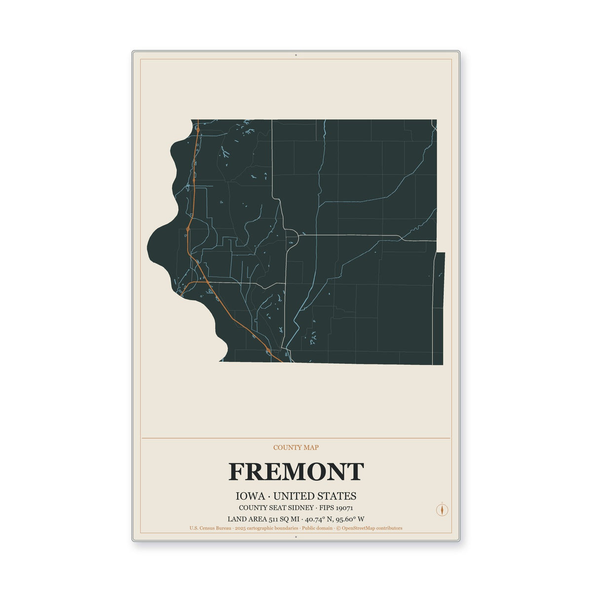 Fremont County, Iowa Map Aluminum Sign in Headline Atlas style