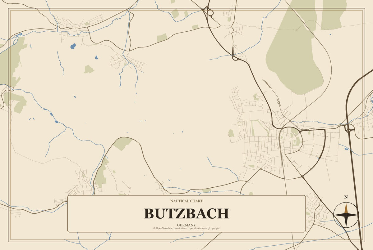 Butzbach, Germany City Map Aluminum Sign in Heritage Nautical style