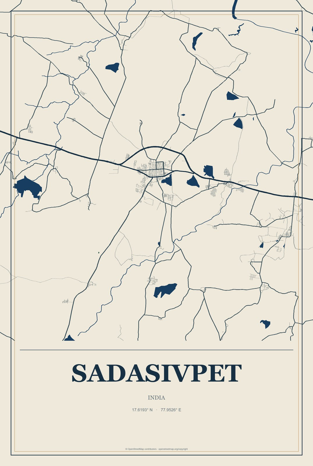 Sadasivpet, India City Map Aluminum Sign in Coastal Cutout style