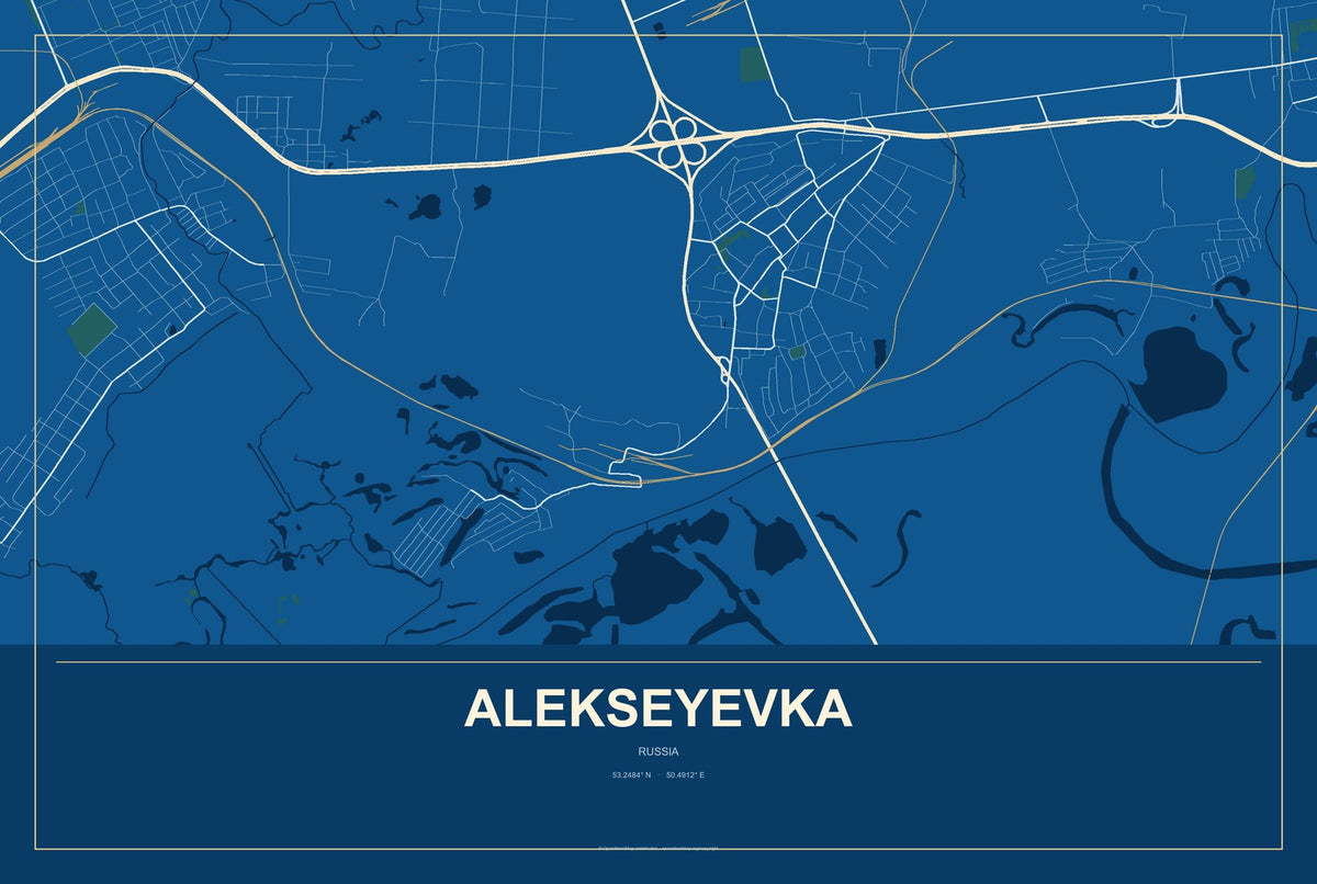 Alekseyevka, Russia City Map Aluminum Sign in Harbor Cobalt style