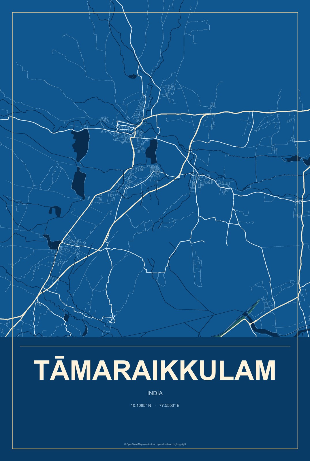 Tāmaraikkulam, India City Map Aluminum Sign in Harbor Cobalt style