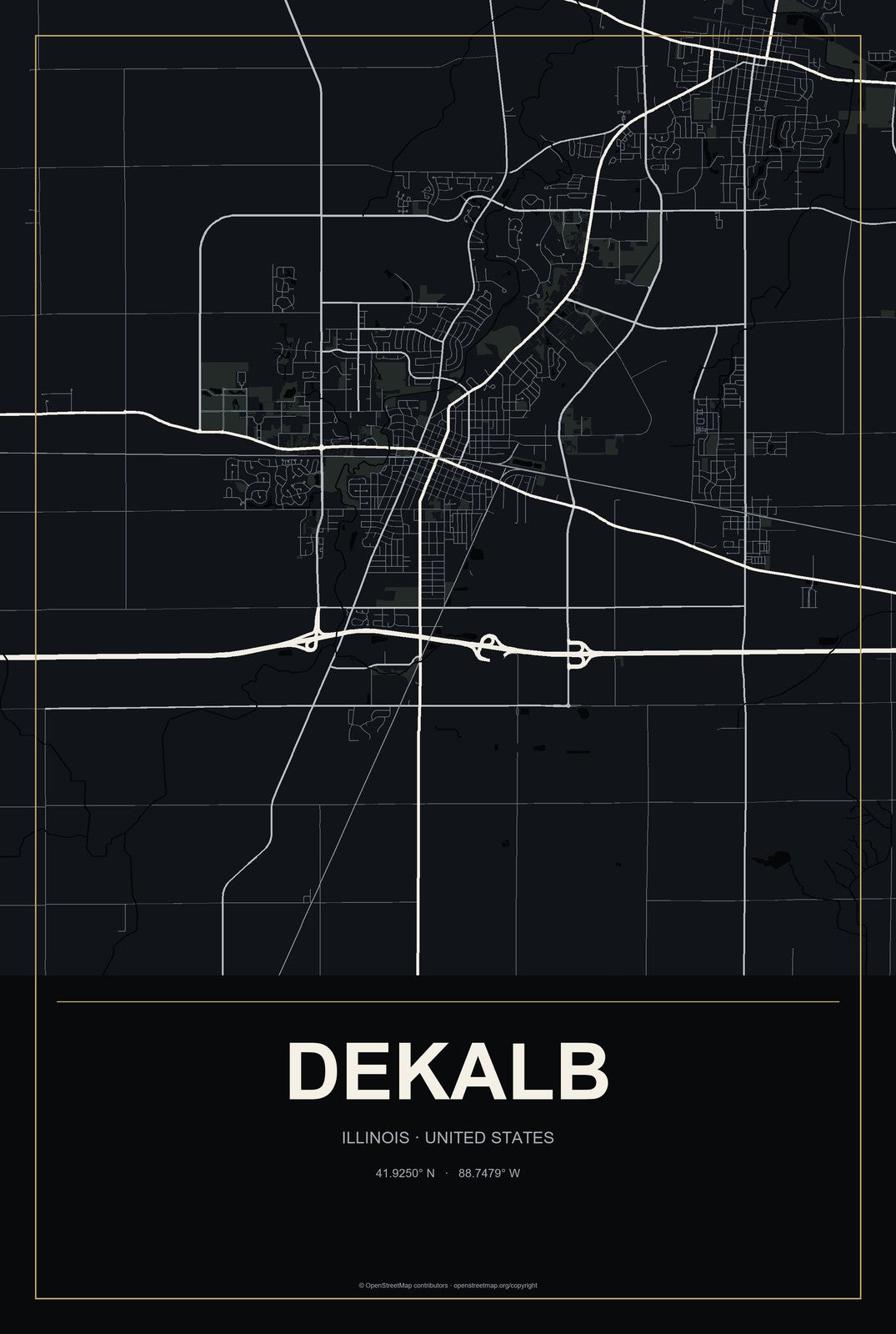 DeKalb, Illinois City Map Aluminum Sign in Metropolitan Noir style