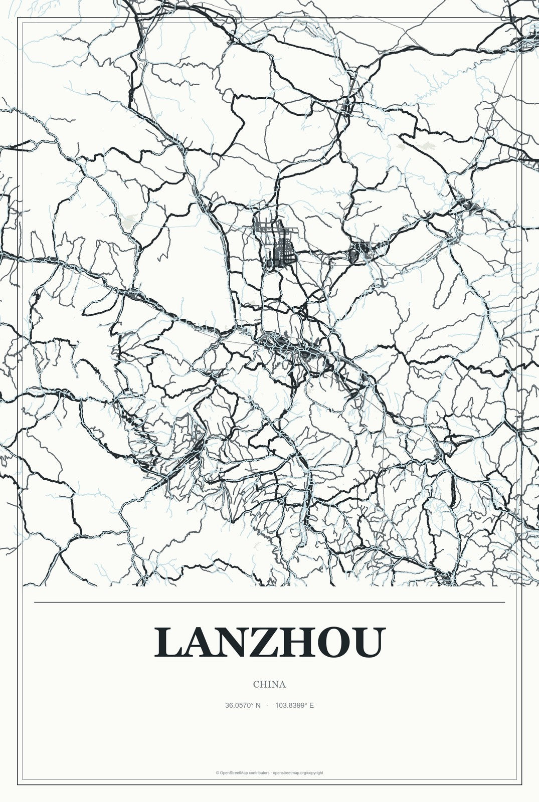 Lanzhou, China City Map Aluminum Sign in Gallery Air style