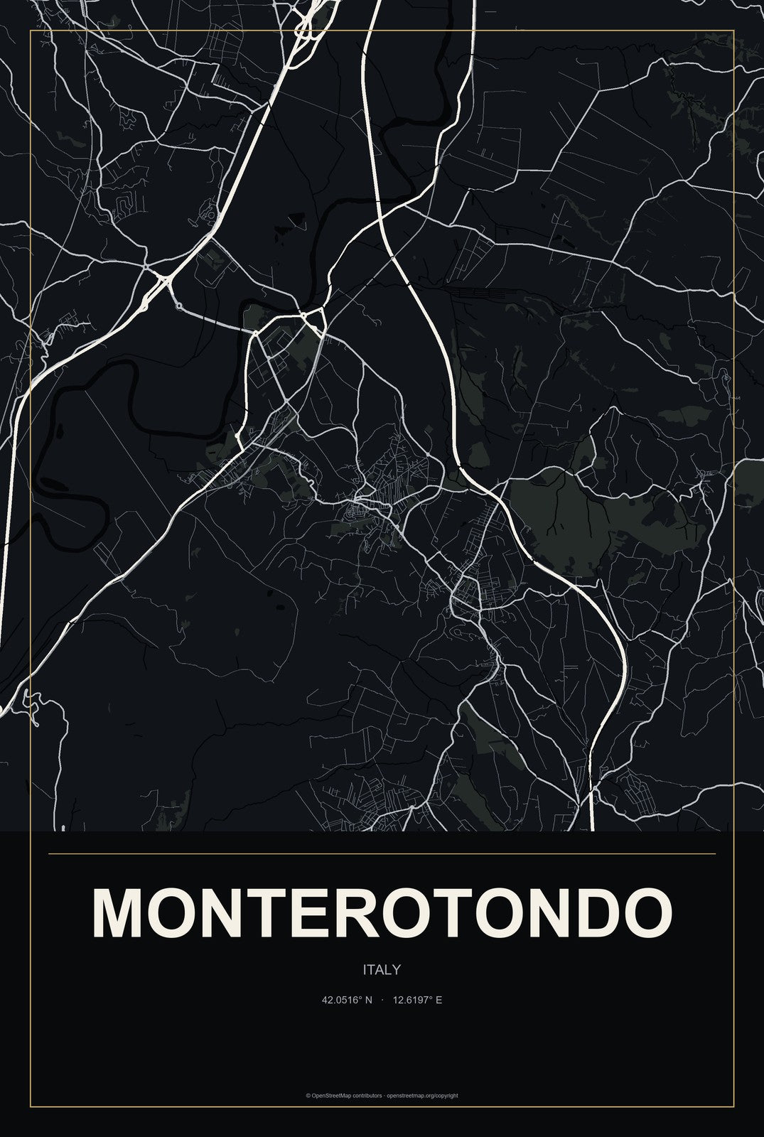 Monterotondo, Italy City Map Aluminum Sign in Metropolitan Noir style