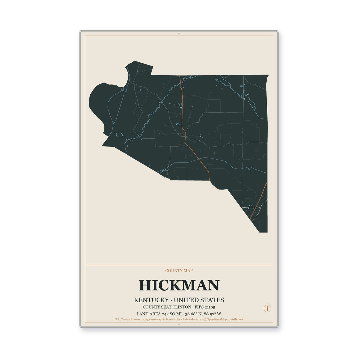 Hickman County, Kentucky Map Aluminum Sign in Headline Atlas style