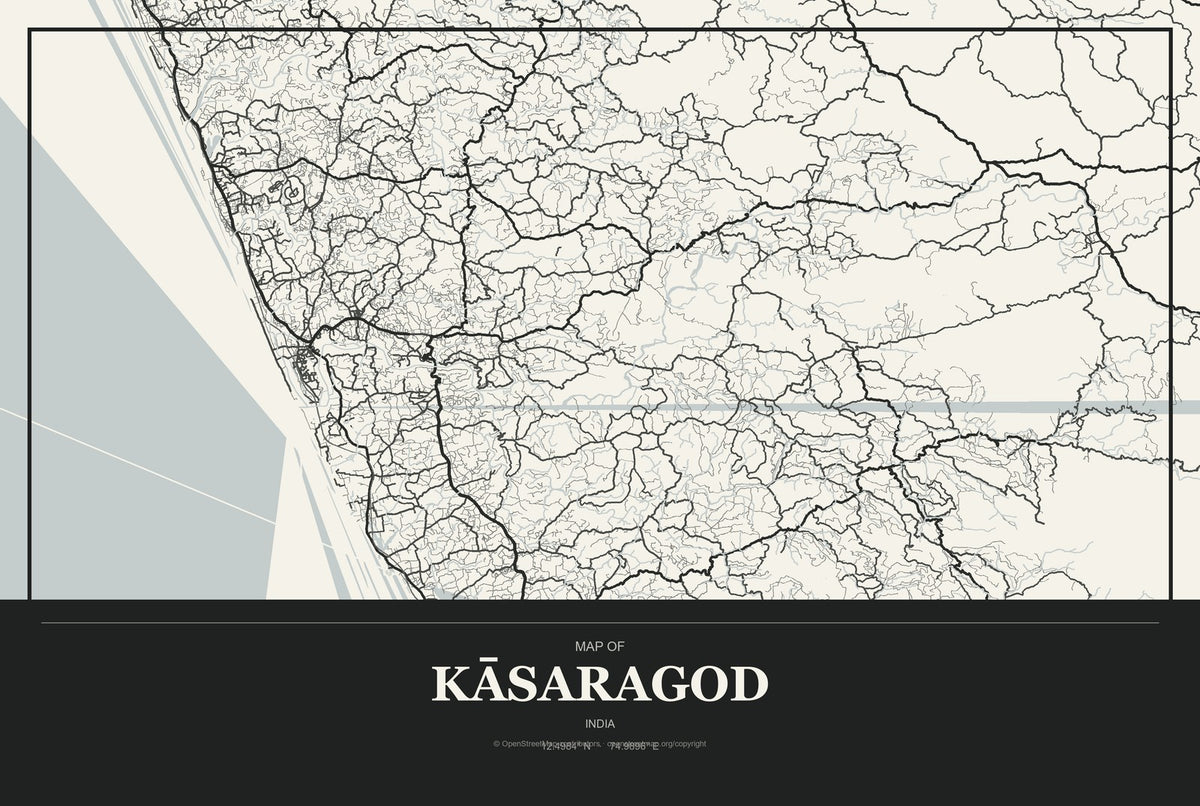 Kāsaragod, India City Map Aluminum Sign in Museum Plaque style