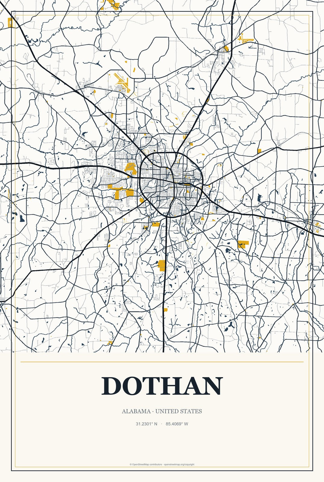 Dothan, Alabama City Map Aluminum Sign in Citrine Modern style