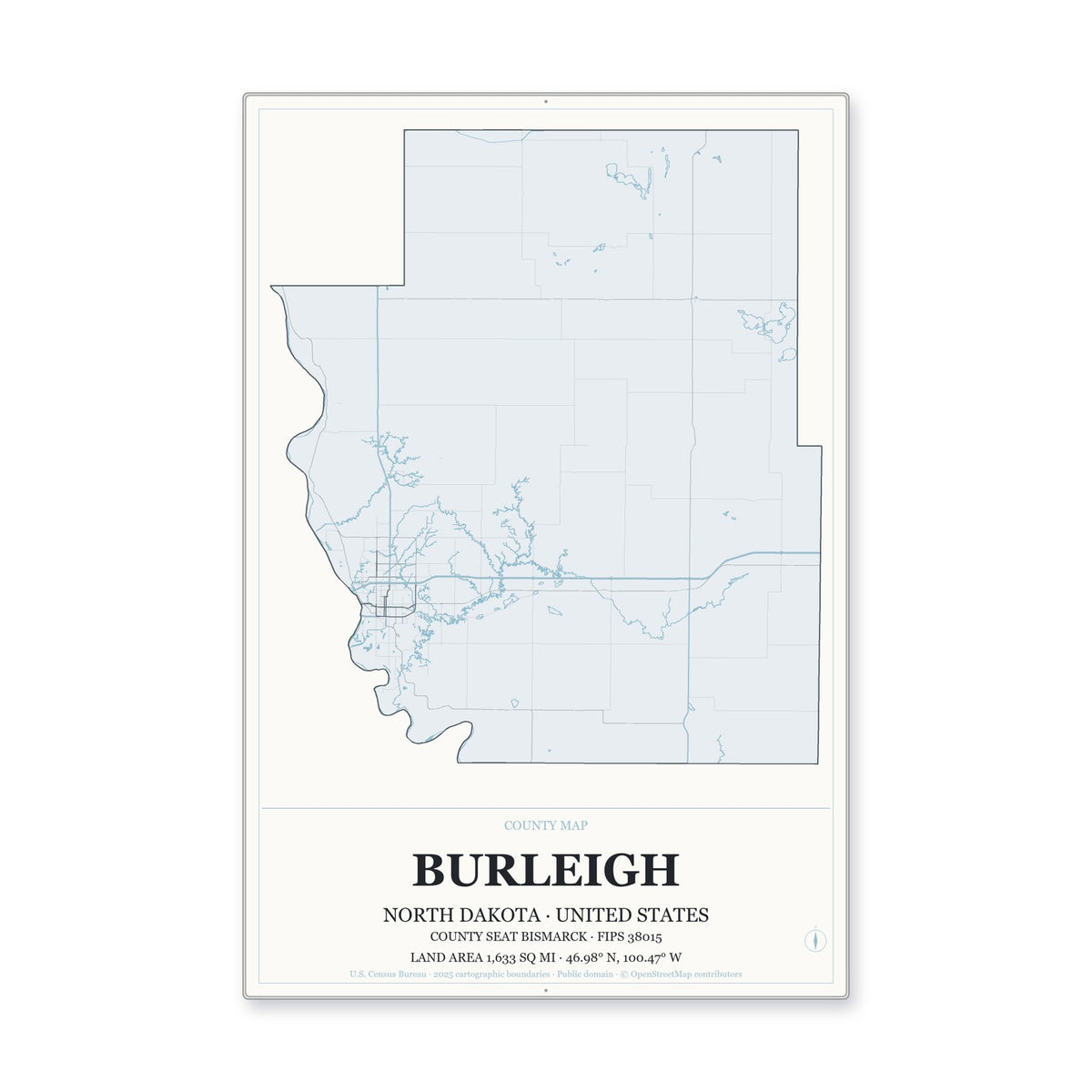 Burleigh County, North Dakota Map Aluminum Sign in Gallery Air style