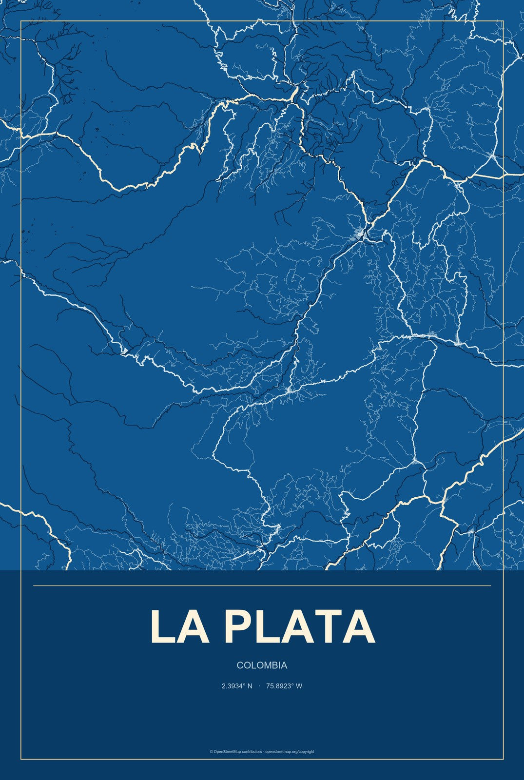 La Plata, Colombia City Map Aluminum Sign in Harbor Cobalt style