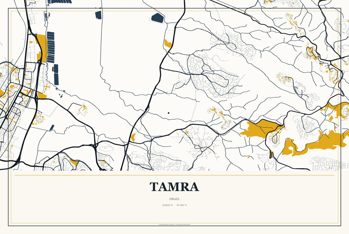 Tamra, Israel City Map Aluminum Sign in Citrine Modern style