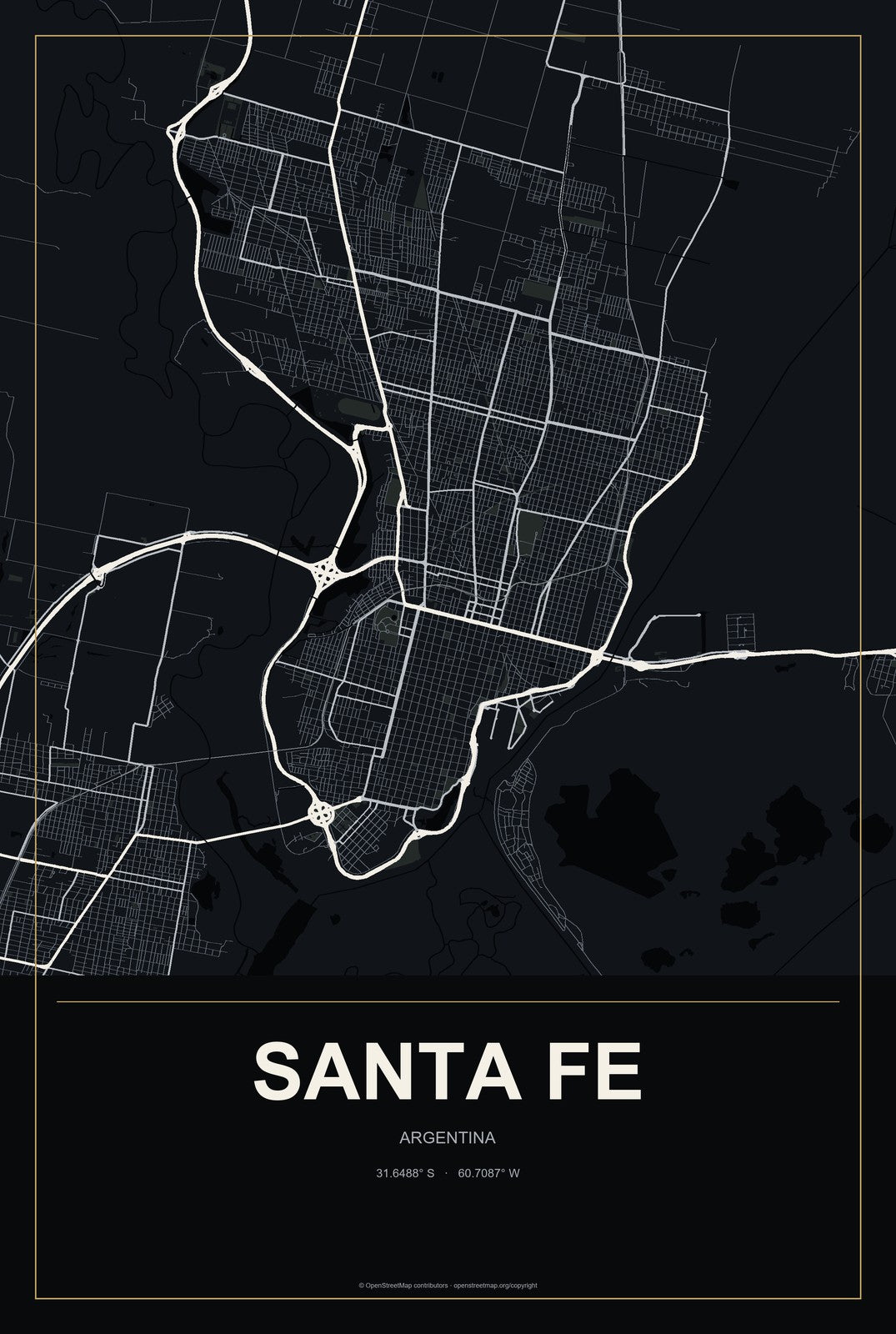 Santa Fe, Argentina City Map Aluminum Sign in Metropolitan Noir style