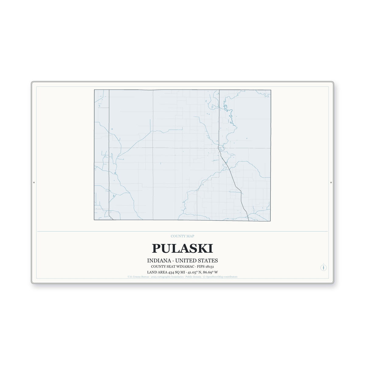 Pulaski County, Indiana Map Aluminum Sign in Gallery Air style