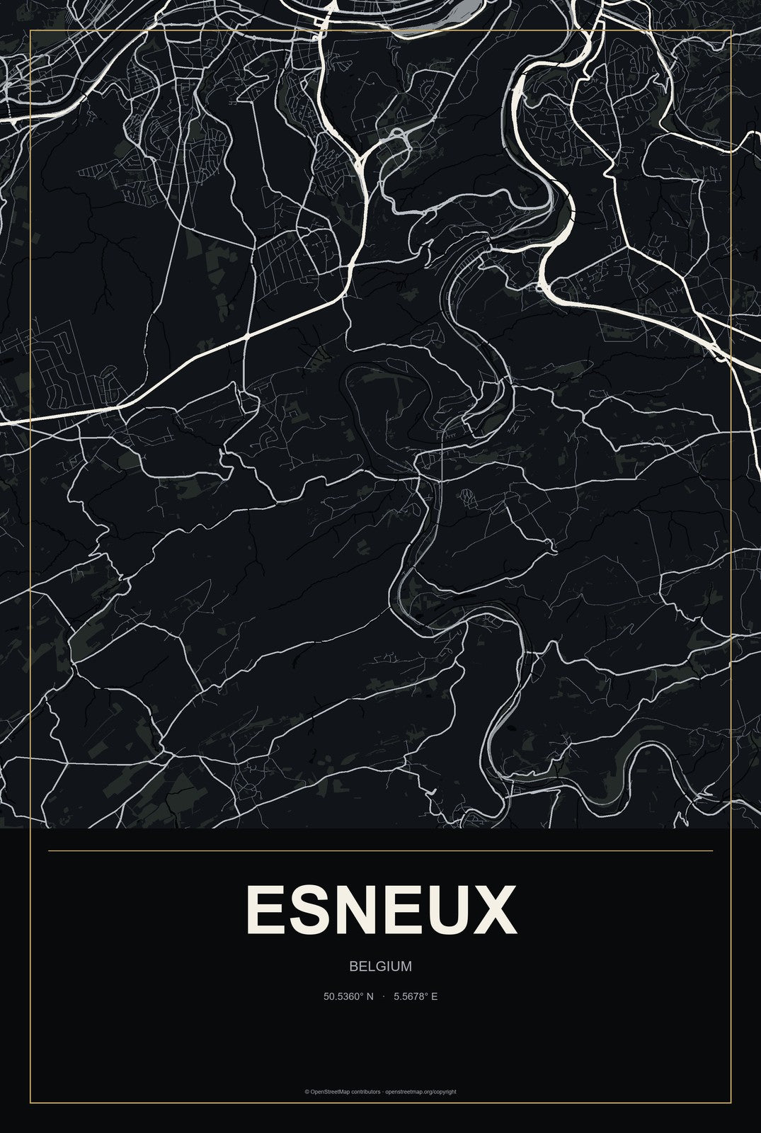 Esneux, Belgium City Map Aluminum Sign in Metropolitan Noir style