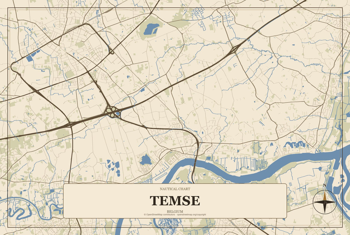 Temse, Belgium City Map Aluminum Sign in Heritage Nautical style