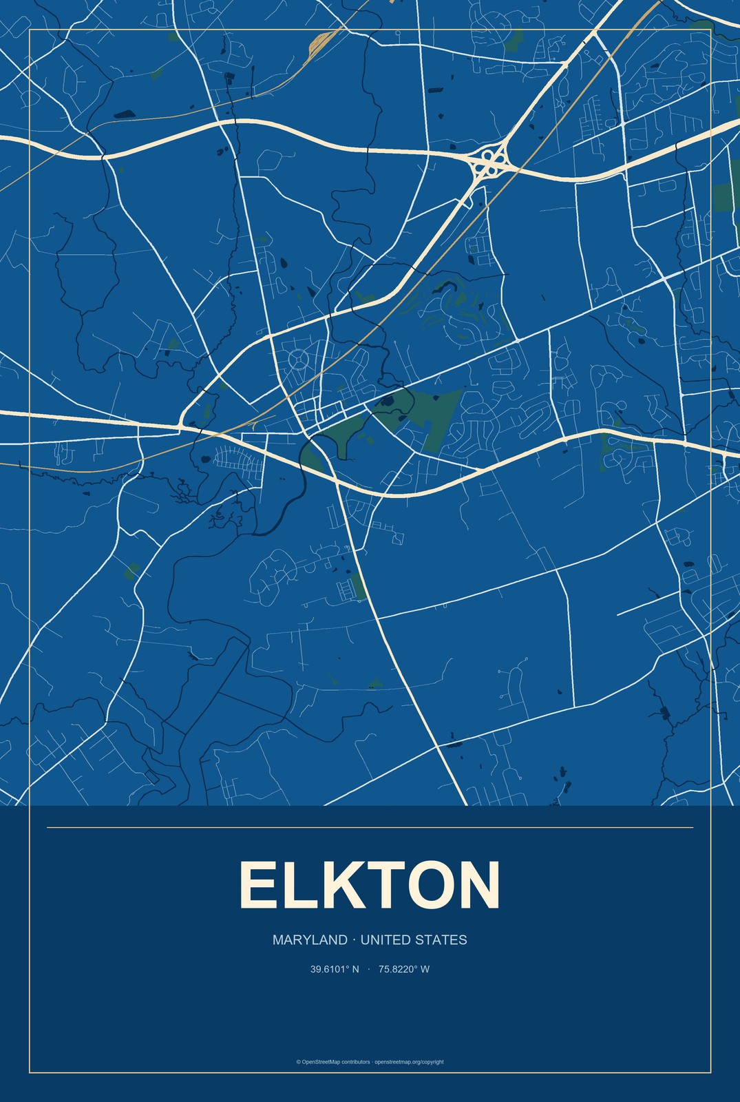 Elkton, Maryland City Map Aluminum Sign in Harbor Cobalt style