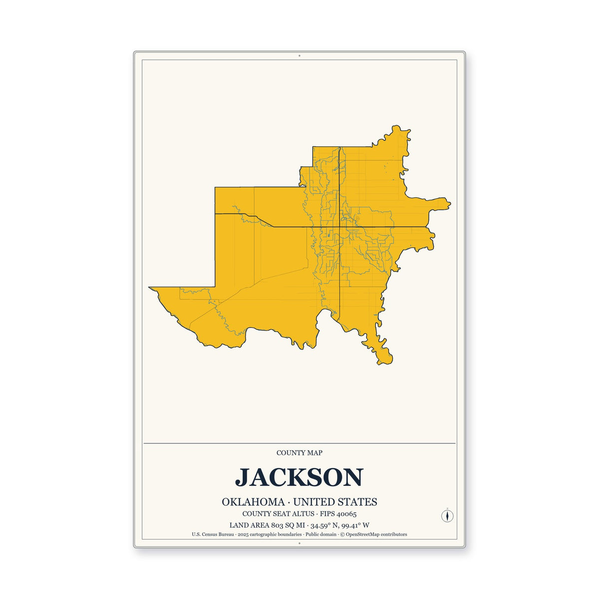 Jackson County, Oklahoma Map Aluminum Sign in Citrine Modern style