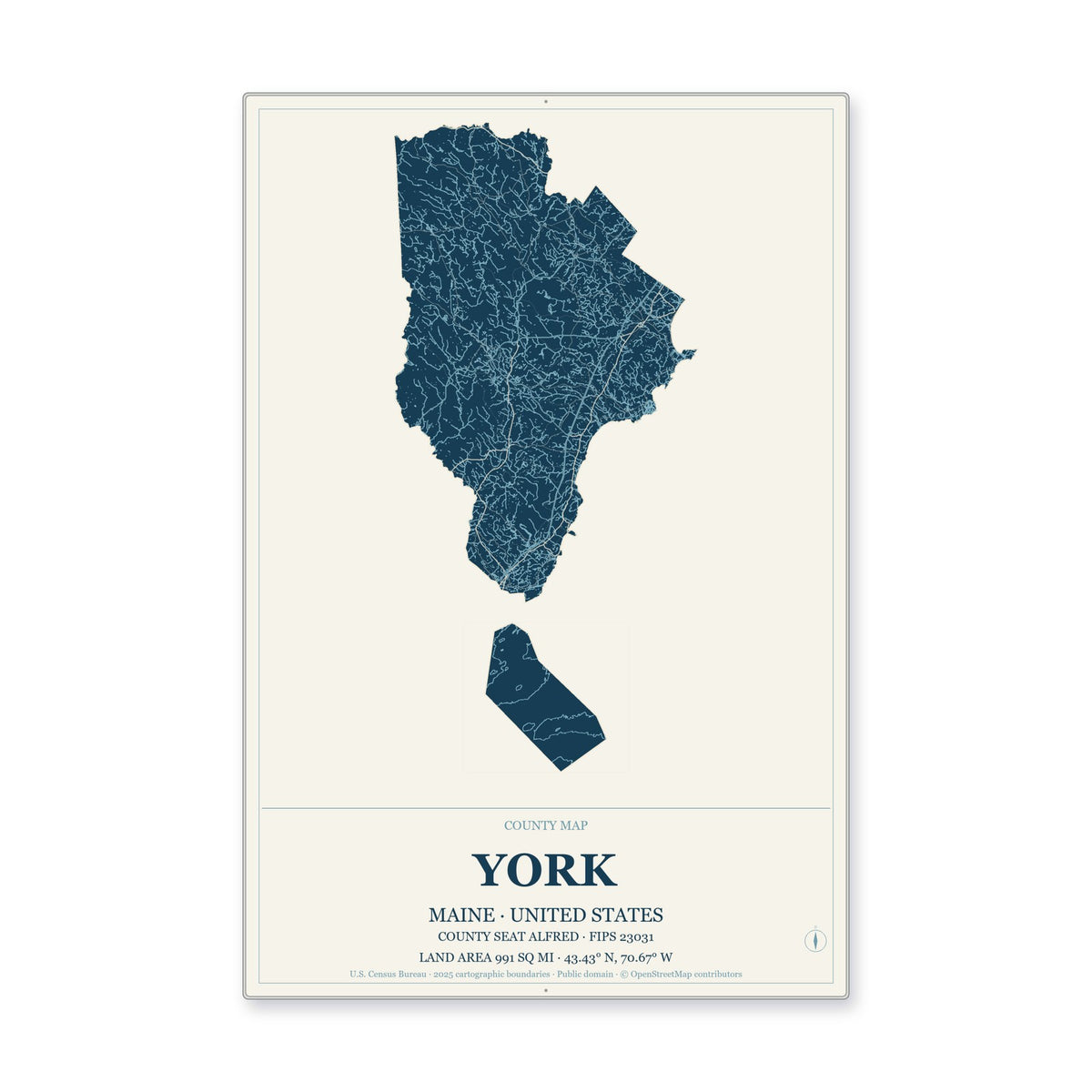 York County, Maine Map Aluminum Sign in Coastal Cutout style