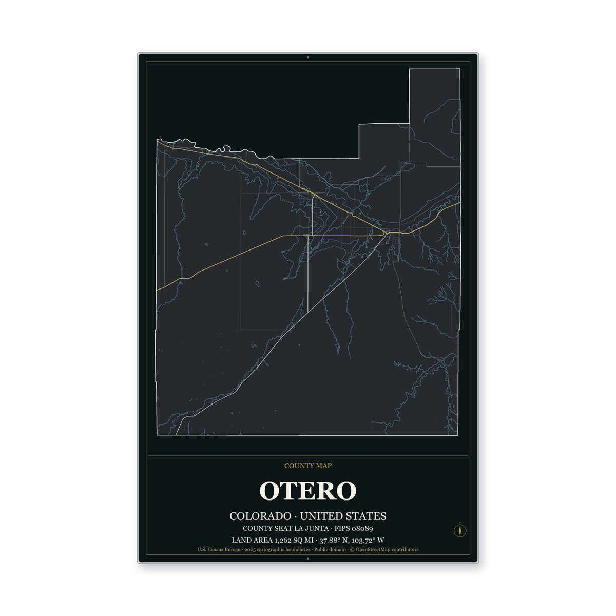 Otero County, Colorado Map Aluminum Sign in Metropolitan Noir style