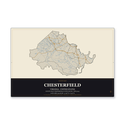 Chesterfield County, Virginia Map Aluminum Sign in Museum Plaque style