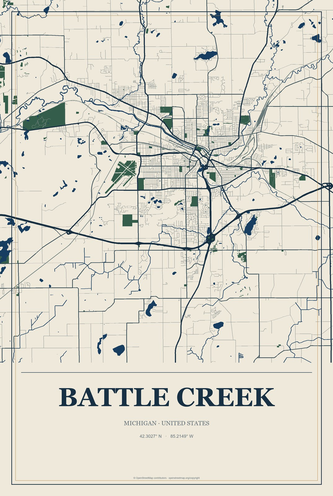 Battle Creek, Michigan City Map Aluminum Sign in Coastal Cutout style