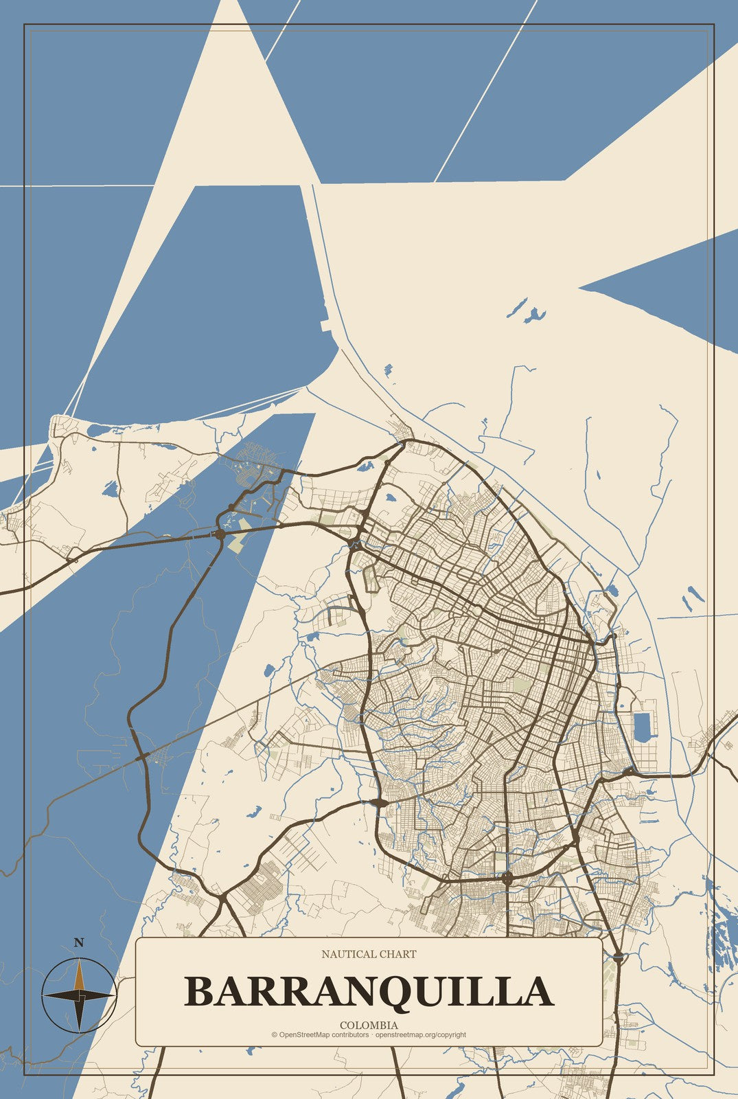 Barranquilla, Colombia City Map Aluminum Sign in Heritage Nautical style