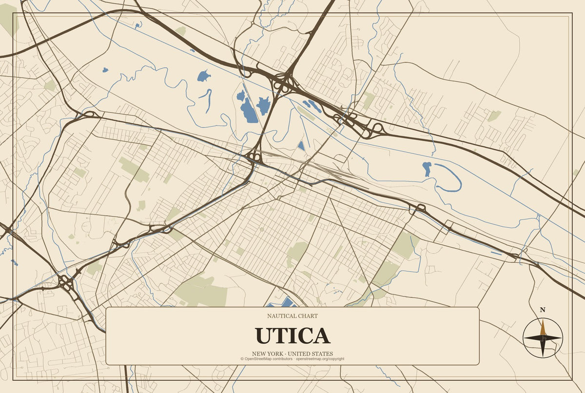 Utica, New York City Map Aluminum Sign in Heritage Nautical style