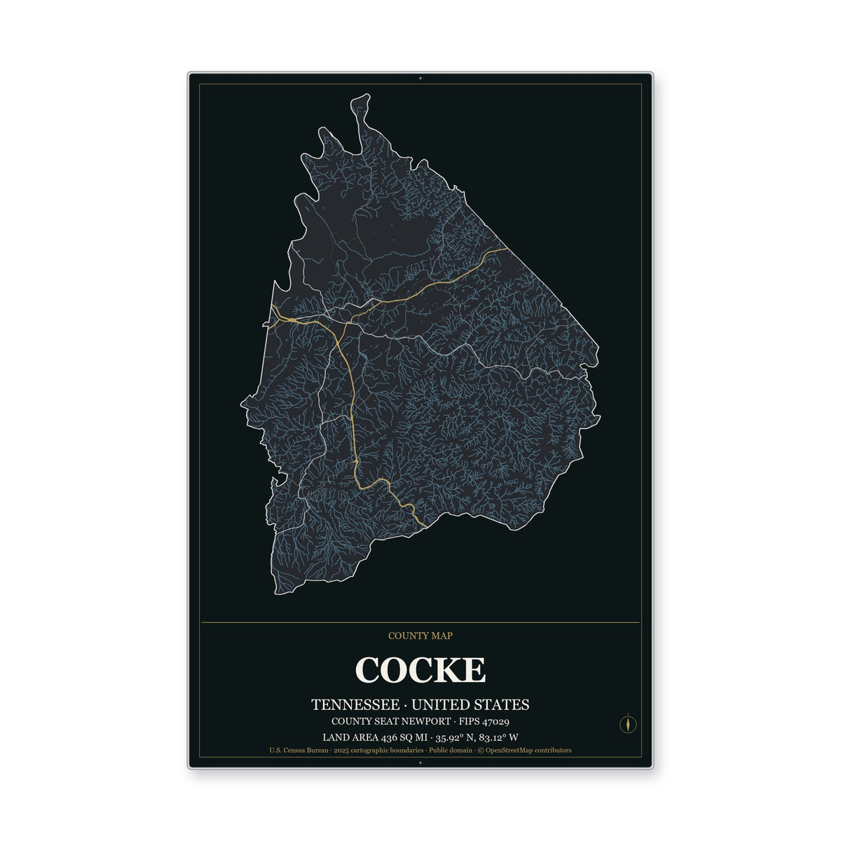 Cocke County, Tennessee Map Aluminum Sign in Metropolitan Noir style