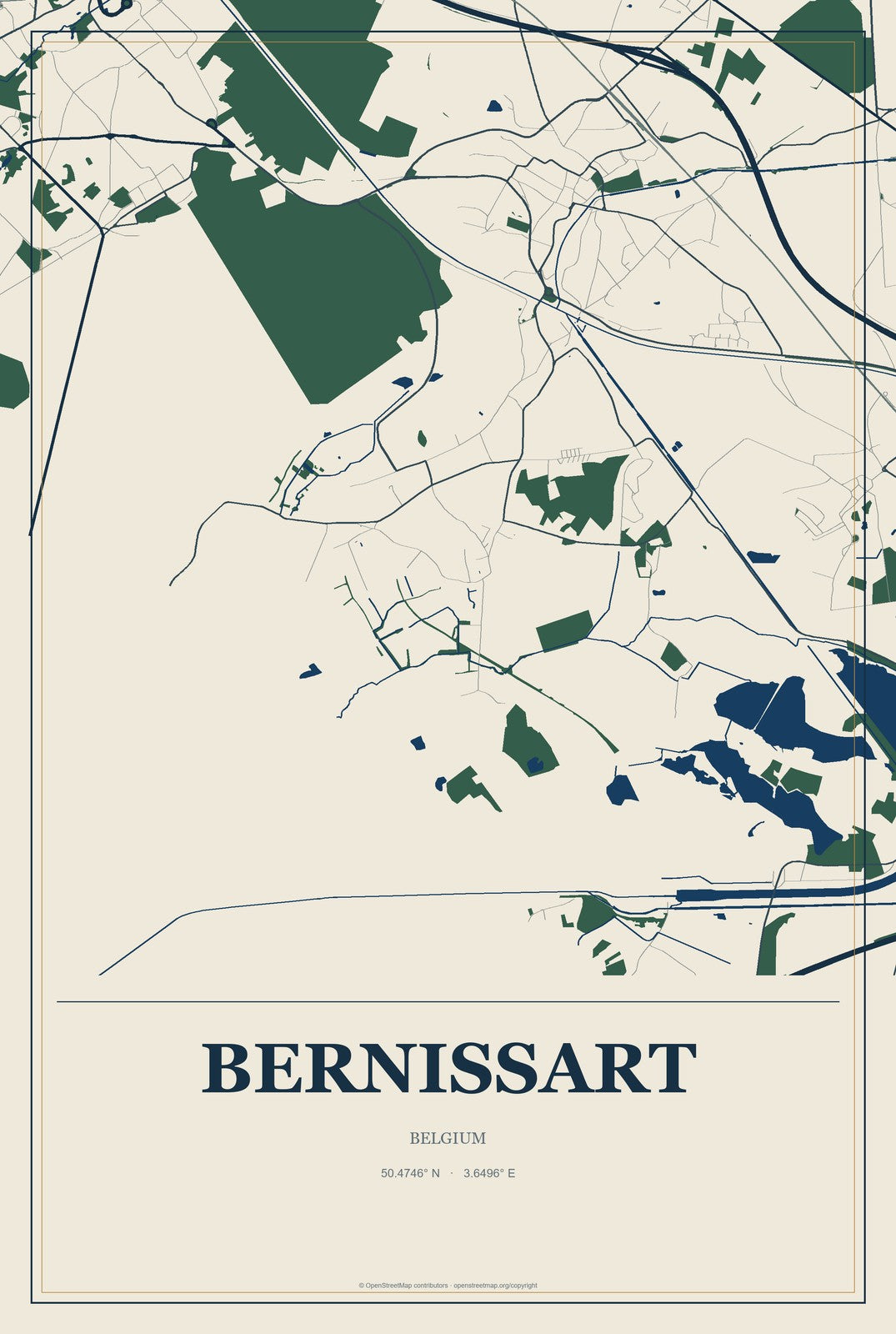Bernissart, Belgium City Map Aluminum Sign in Coastal Cutout style