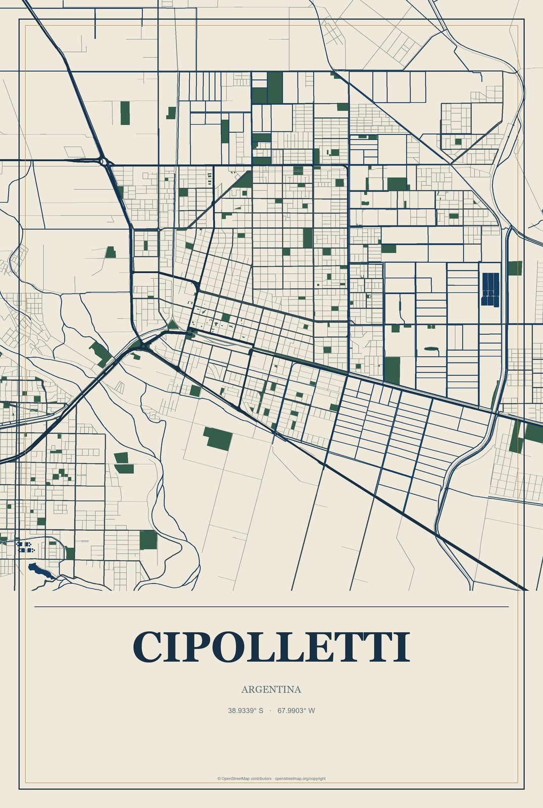 Cipolletti, Argentina City Map Aluminum Sign in Coastal Cutout style