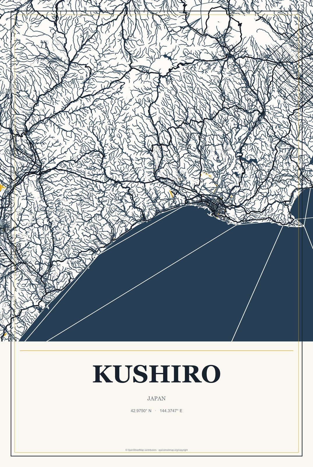 Kushiro, Japan City Map Aluminum Sign in Citrine Modern style