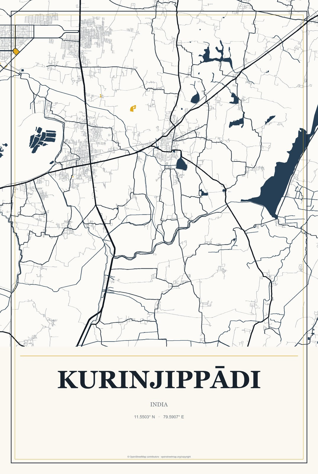 Kurinjippādi, India City Map Aluminum Sign in Citrine Modern style
