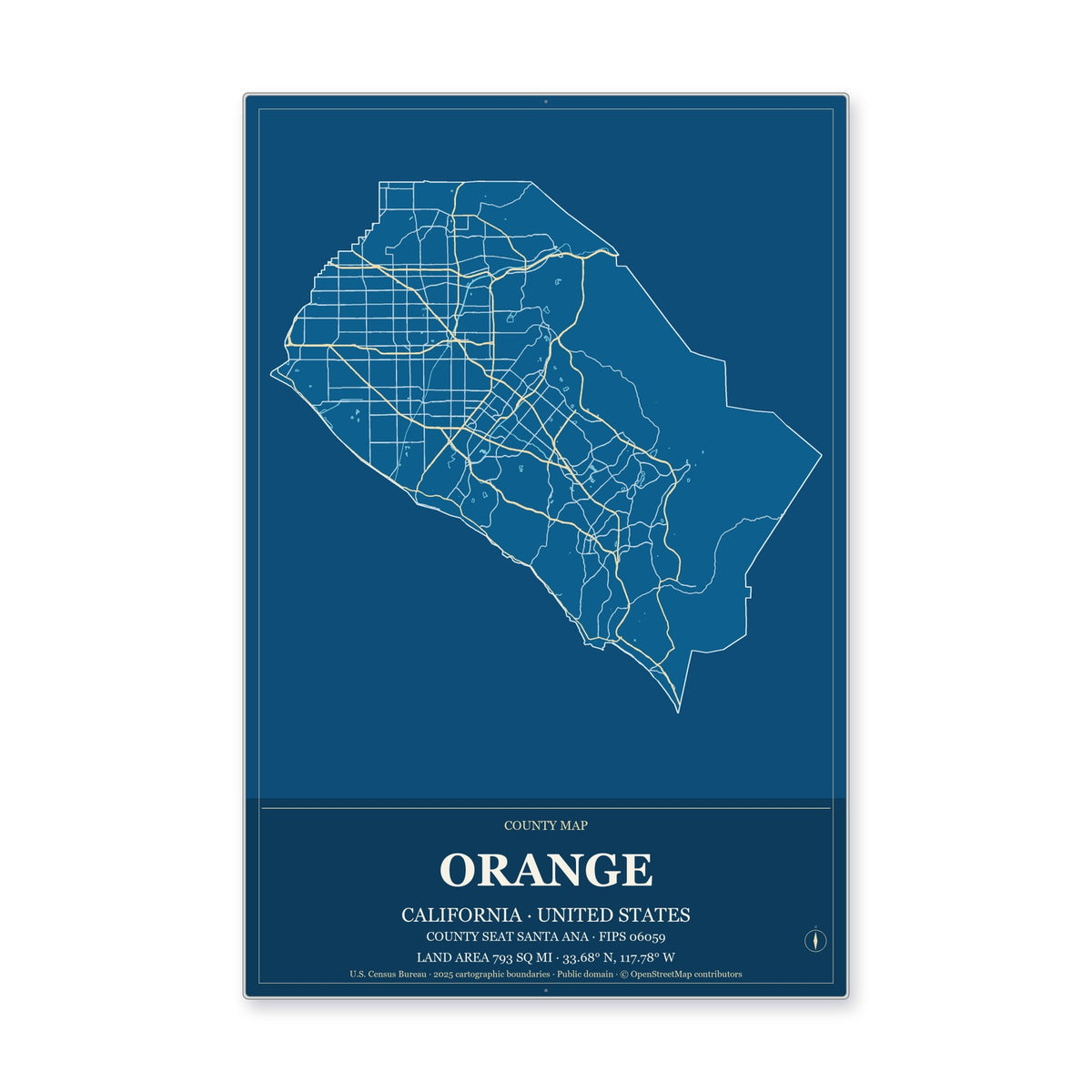 Orange County, California Map Aluminum Sign in Harbor Cobalt style